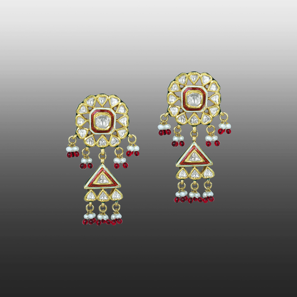 Circular Polki Earrings with Red Enamel, Triangular Drops, and Pearls